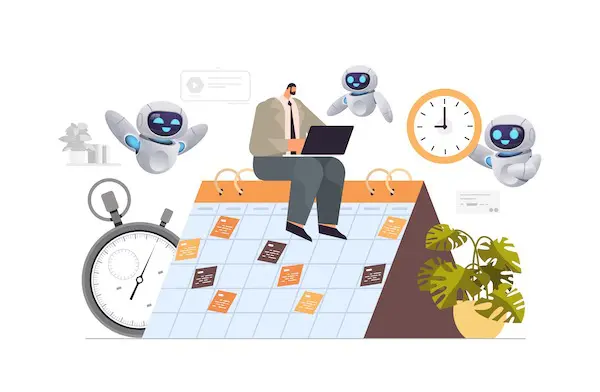 robots around business man on calendar