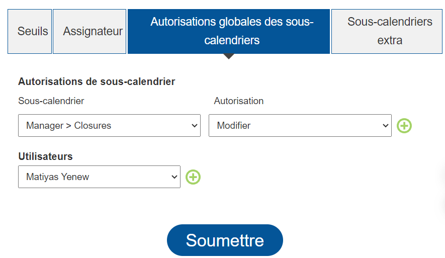 Section 'Autorisations globales des sous-calendriers' de Team2Book