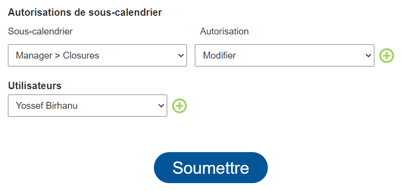 Section Autorisations globales des sous-calendriers