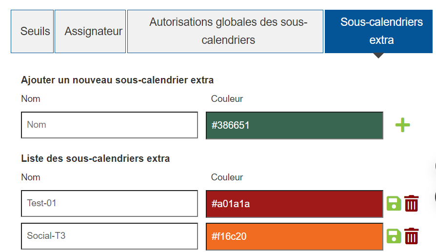 Section sous-calendriers supplémentaires