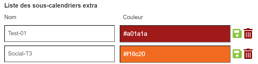 Liste des sous-calendriers Supplémentaires