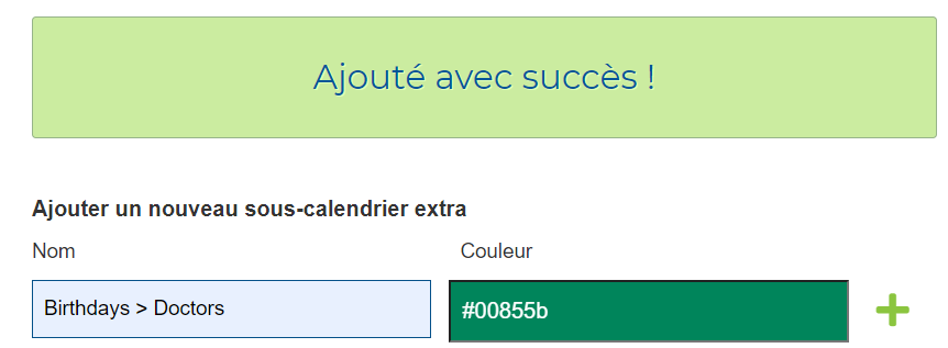 Création d'un sous-calendrier teamup avec succès.