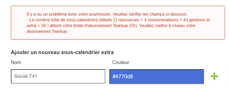 Nombre de sous-calendrier dépassant le forfait Teamiup