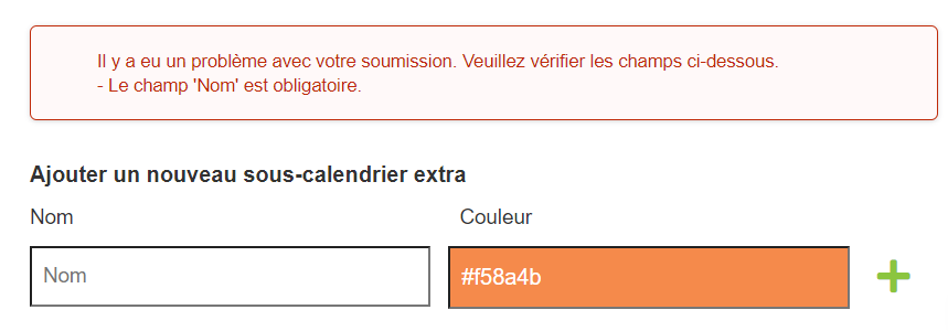 Le champ nom du sous-calendrier ne doit pas être nul