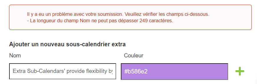 Longueur maximale dépassée pour le nom du sous-calendrier Extra.