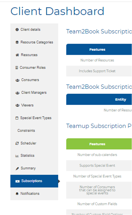Access the Subscriptions table from the Team2Book Dashboard