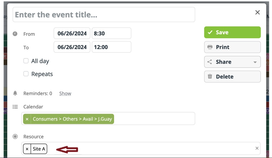 Teamup event Creation Page with Resource category reservation