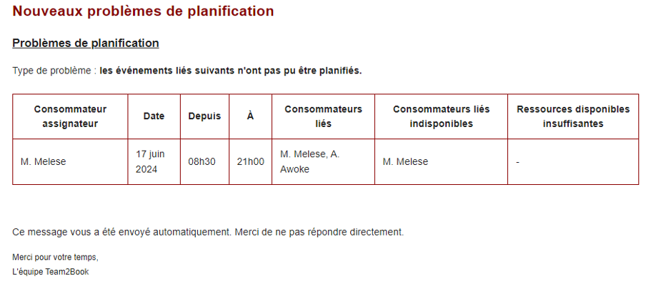 Notification problème événement lié