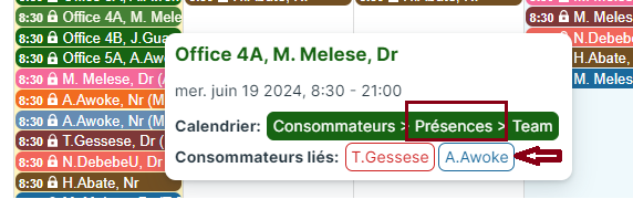 Professionnels liés sont indiqués dans le sous-calendrier de présences