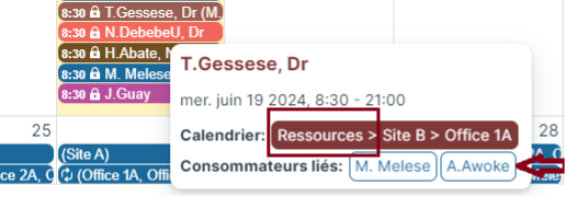 Les consommateurs liés sont indiqués dans le sous-calendrier de ressources