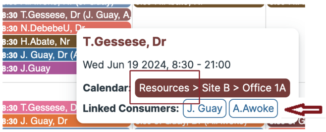 Resources sub-calendar is displaying linked consumers