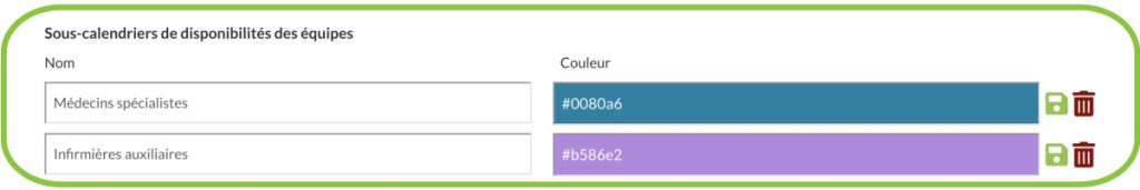 Sous-calendriers pour médecins spécialistes et pour infirmières auxiliaires