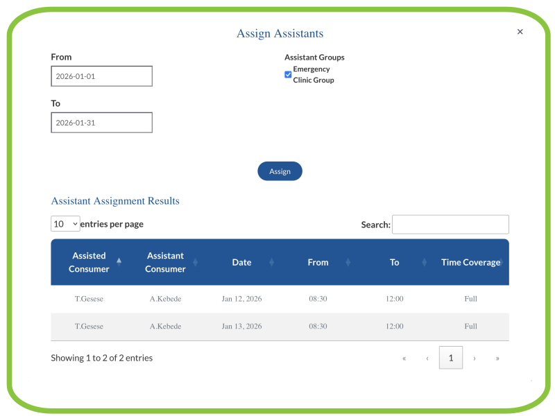 Result of the Automatic assignment of assistants