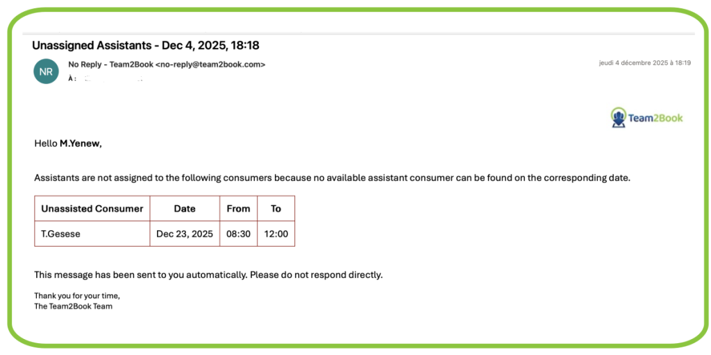 Notification sent when no assistant can be found. Automatic assignment of assistants.