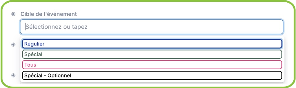 Teamup et paramètre Cible de l'événement ainsi que les options.
