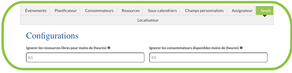 Paramètres pour les fractions d'événements et de ressources libres