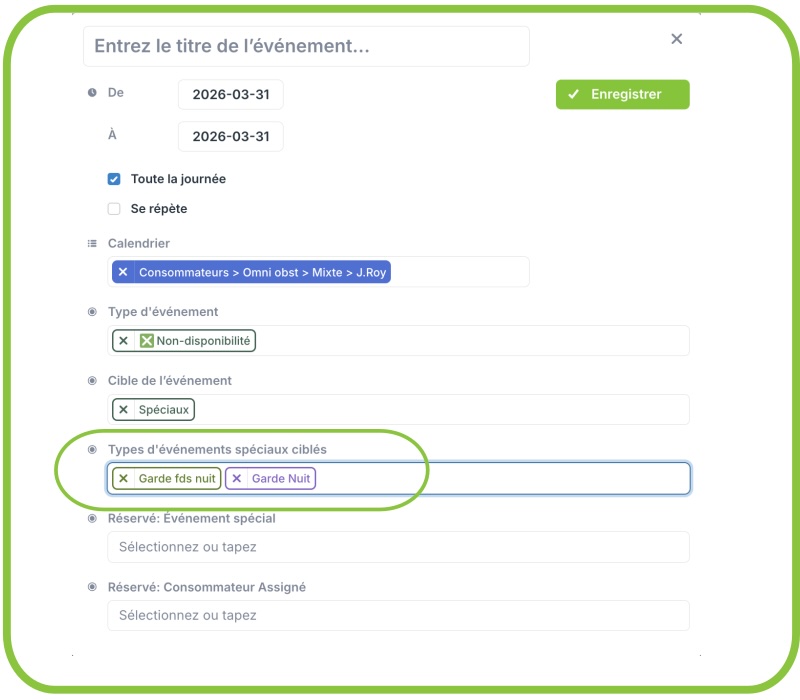 Type d'événements spéciaux ciblés