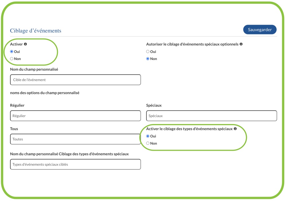 Activer le ciblage des types d'événements spéciaux