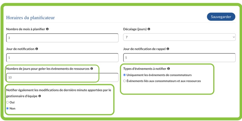 Horaires du planificateur. Option de gels des événements des professionnels.