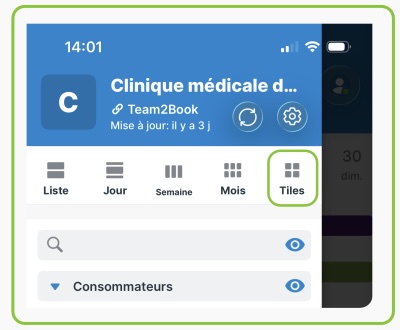 Application mobile Teamup avec la sélection des vues, dont la vue Tiles.