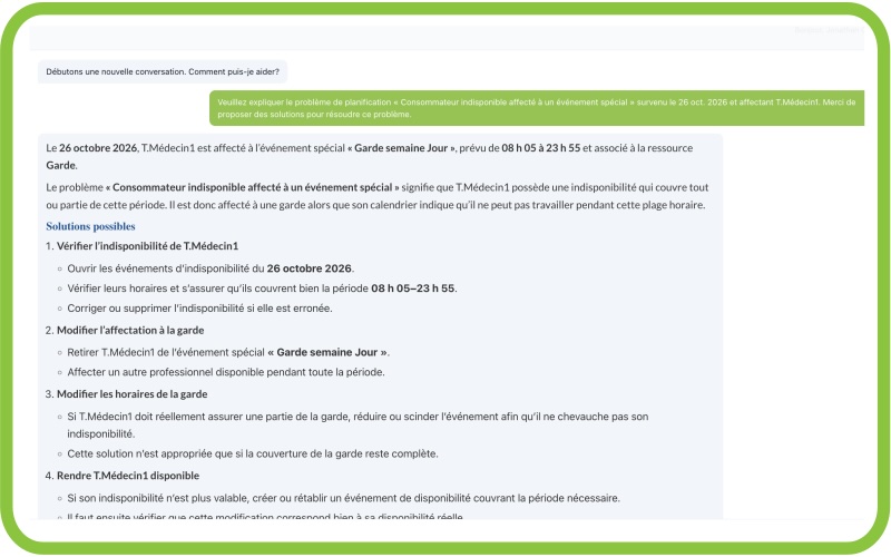 Assistant IA Team2Book décrivant l'erreur de planification sélectionnée