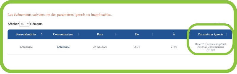 Avertissement paramètres ignorés