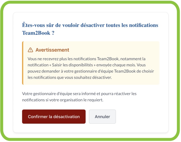 Fenêtre de confirmation avant le désabonnement des courriels de Team2Book